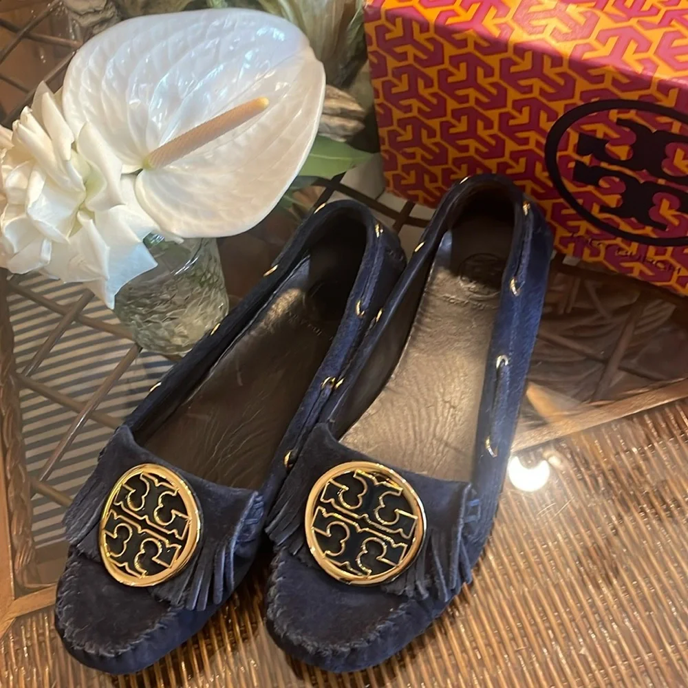 Tory Burch Navy Blue Suede Tassel Loafers with Gold Logo Medallions